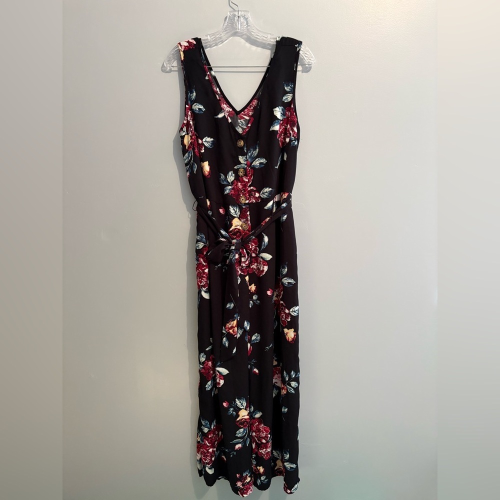 Xhilaration Women's Jumpsuit Large Floral Black Sleeveless V-Neck Button Front - Picture 13 of 16